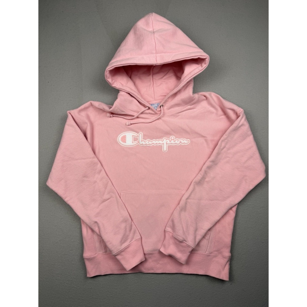 Champion Reverse Weave Hoodie Pink Embroidered Logo Pullover Sweatshirt Large